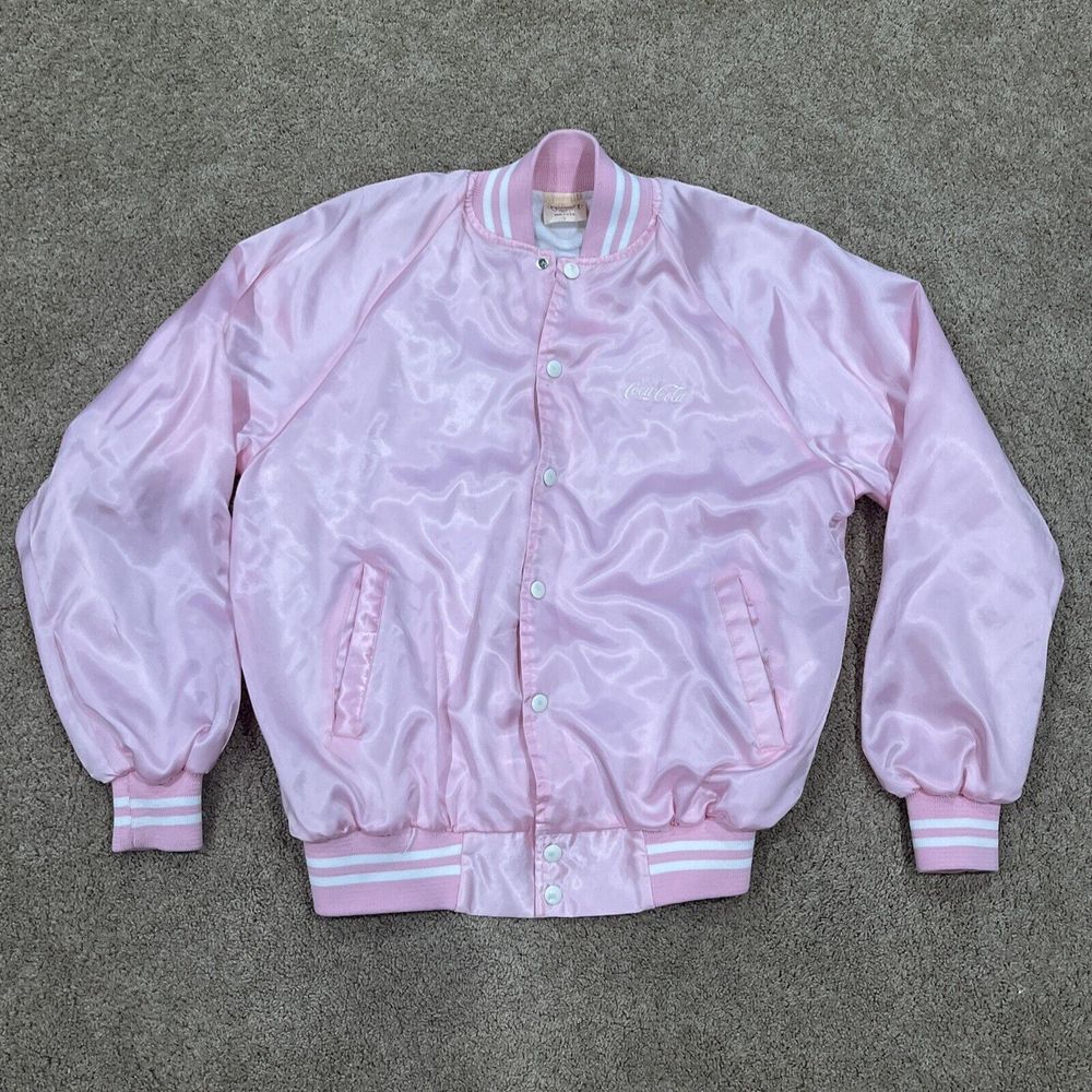VTG  Coca Cola‎ Trade-Mark  Pink Satin Jacket Men/Adult L Made USA BY AUBURN